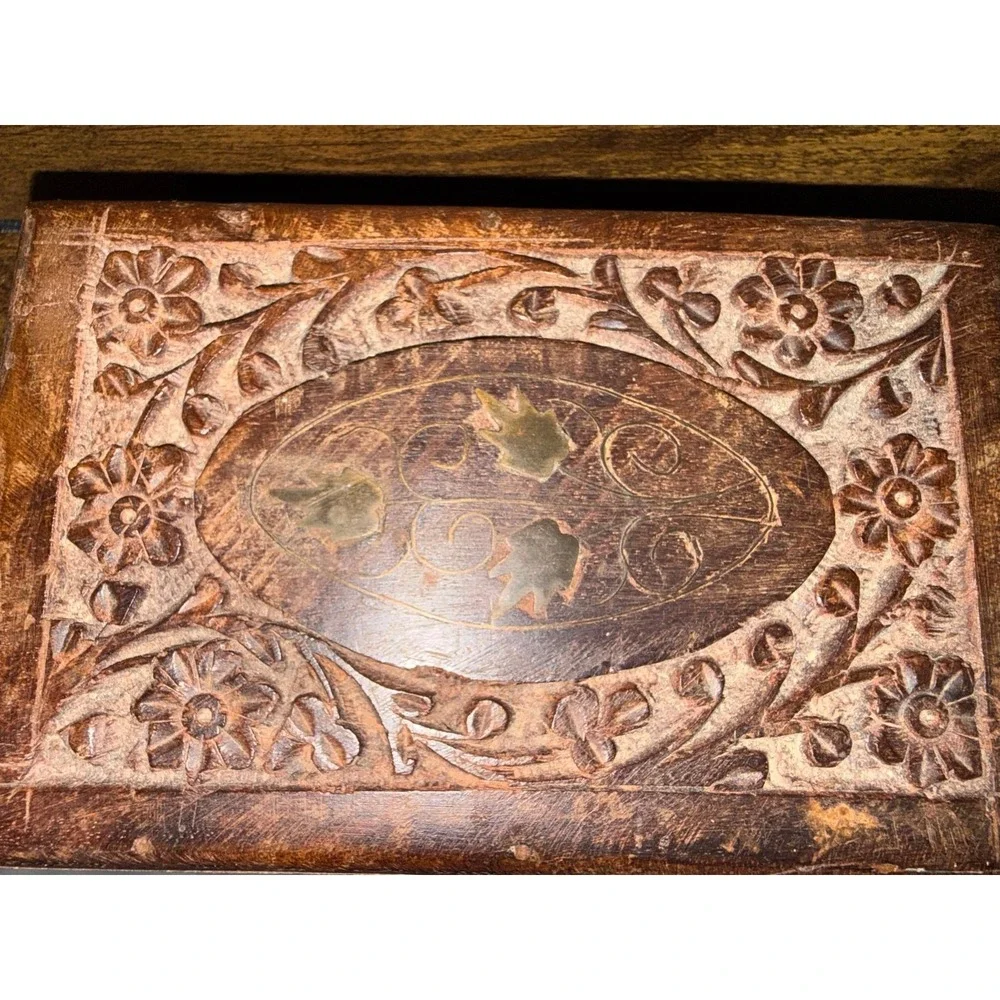 Vintage Hand Carved Wooden Trinket Jewelry Box Floral Made In India